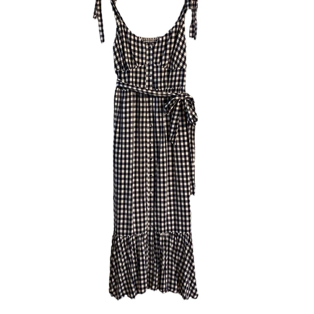 J Crew Gingham Button Down Dress Women’s Size 6 Front Ruffle Hem Midi Waist Tie